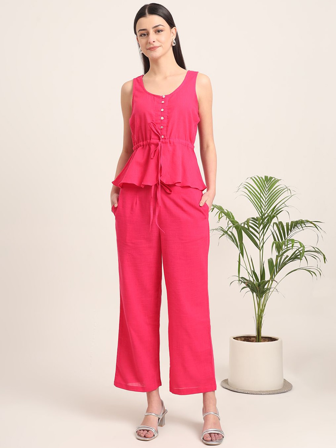 

Thevasa Pure Cotton Round-Neck Top With Trousers, Pink