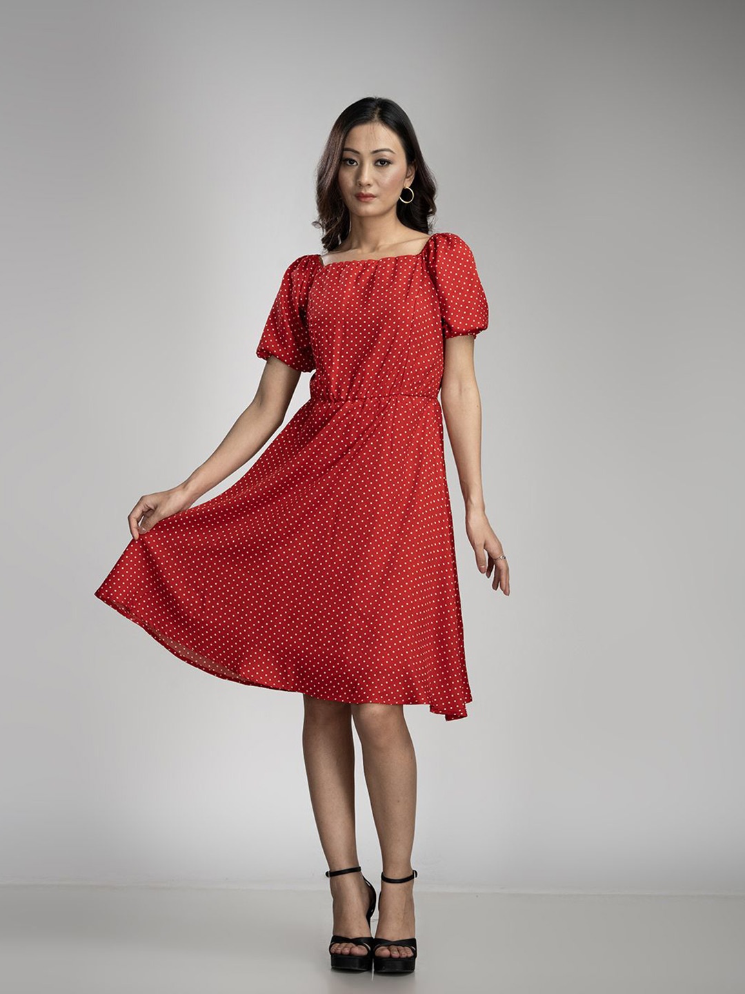 

KRISS-CROX Polka Dots Print Puff Sleeve Fit & Flare Dress, Red