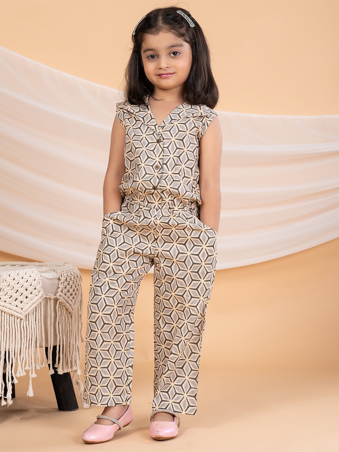 

BEBE UNICORN Girls Printed Pure Cotton Culotte Jumpsuit, Beige