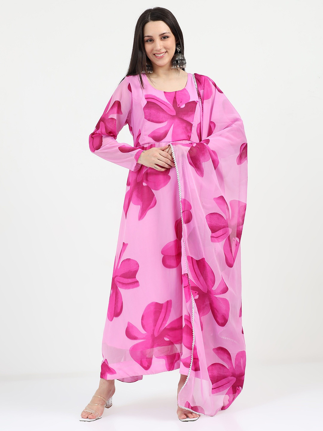

Krunal Raiyani Women Printed Maxi Dress & Dupatta, Pink