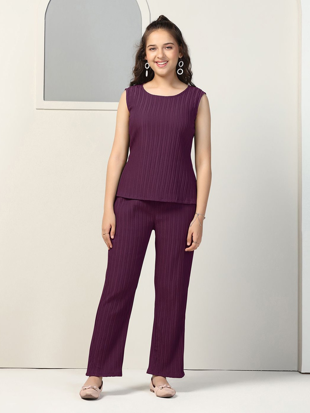 

YK Girls Round Neck Top With Trousers, Purple