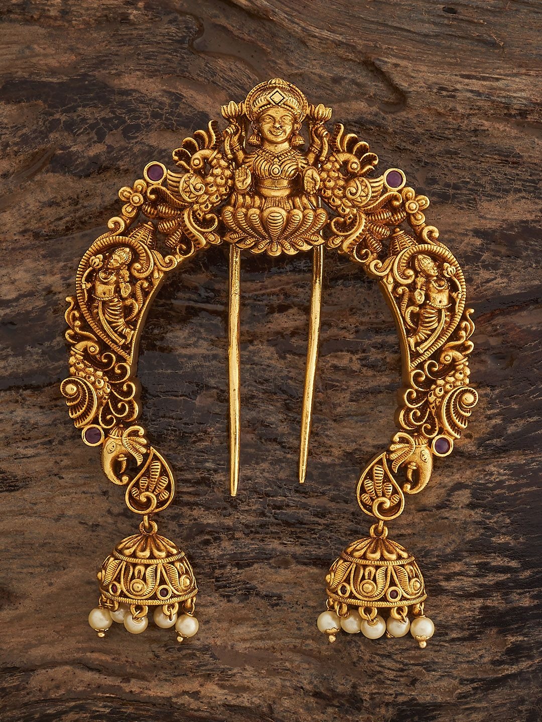 

Kushal's Fashion Jewellery Ruby Gold-Plated Stone Studded & Beaded Antique Hair Brooch