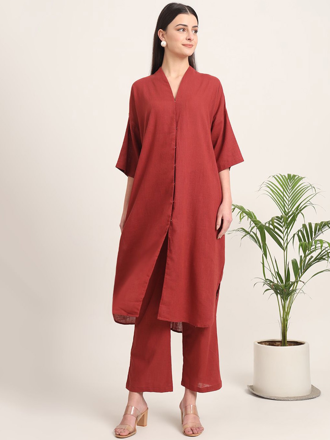 

Thevasa V Neck Pure Cotton Tunic & Trouser, Red