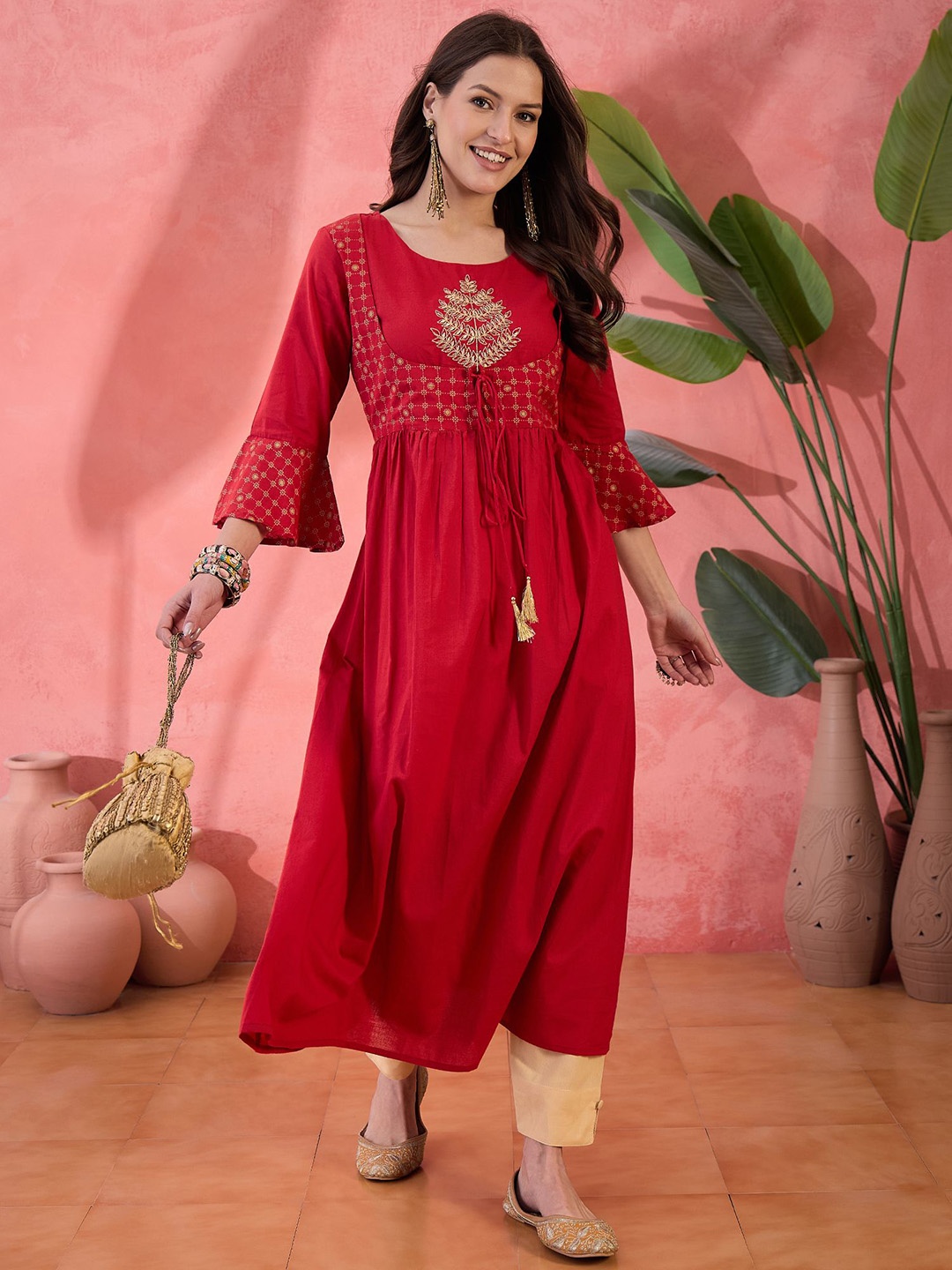 

RangDeep Ethnic Motifs Printed Thread Work Pure Cotton Pleated Anarkali Kurta, Red