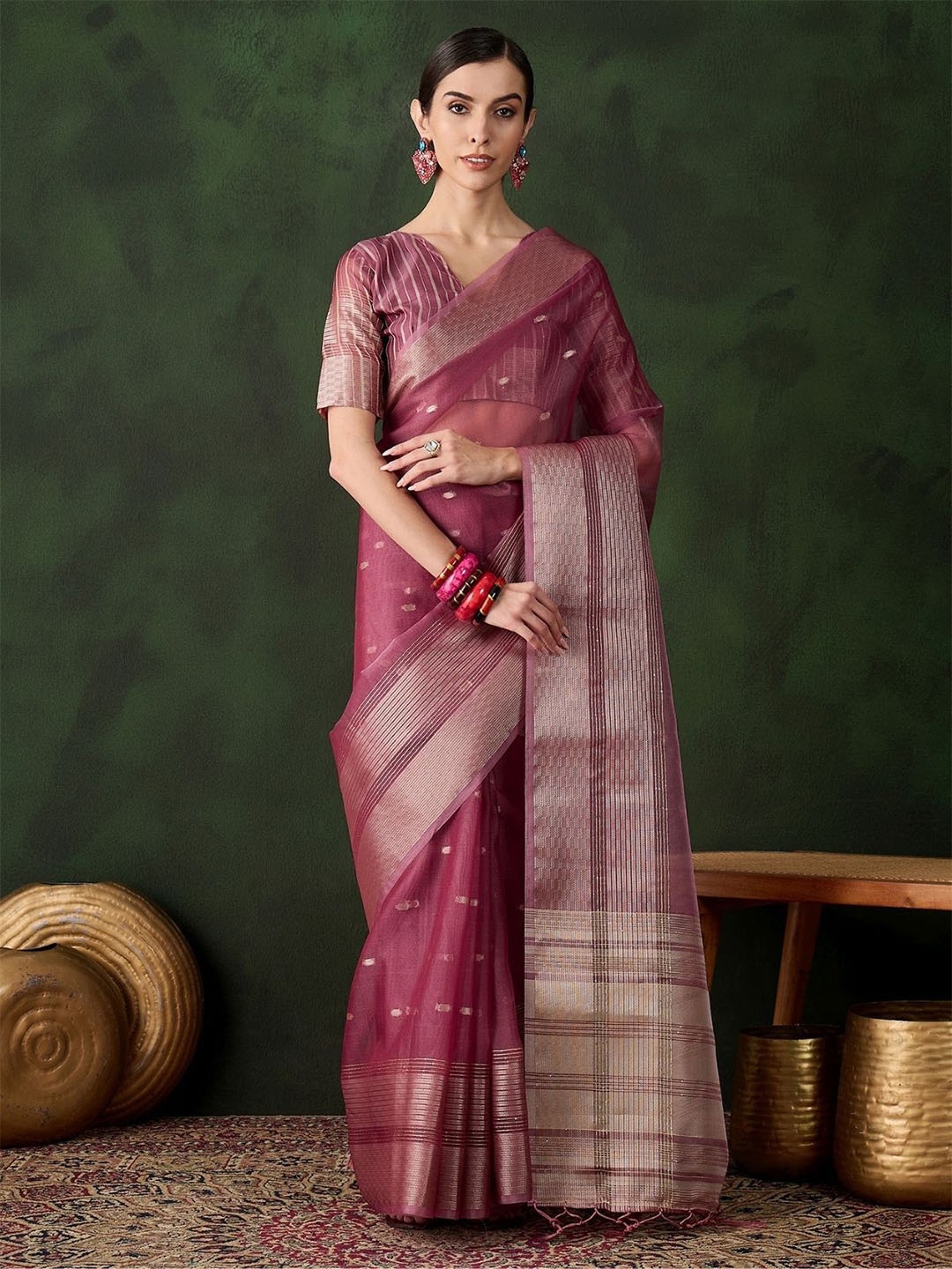 

ODETTE Pink Organza Woven Saree With Unstitched Blouse For Women