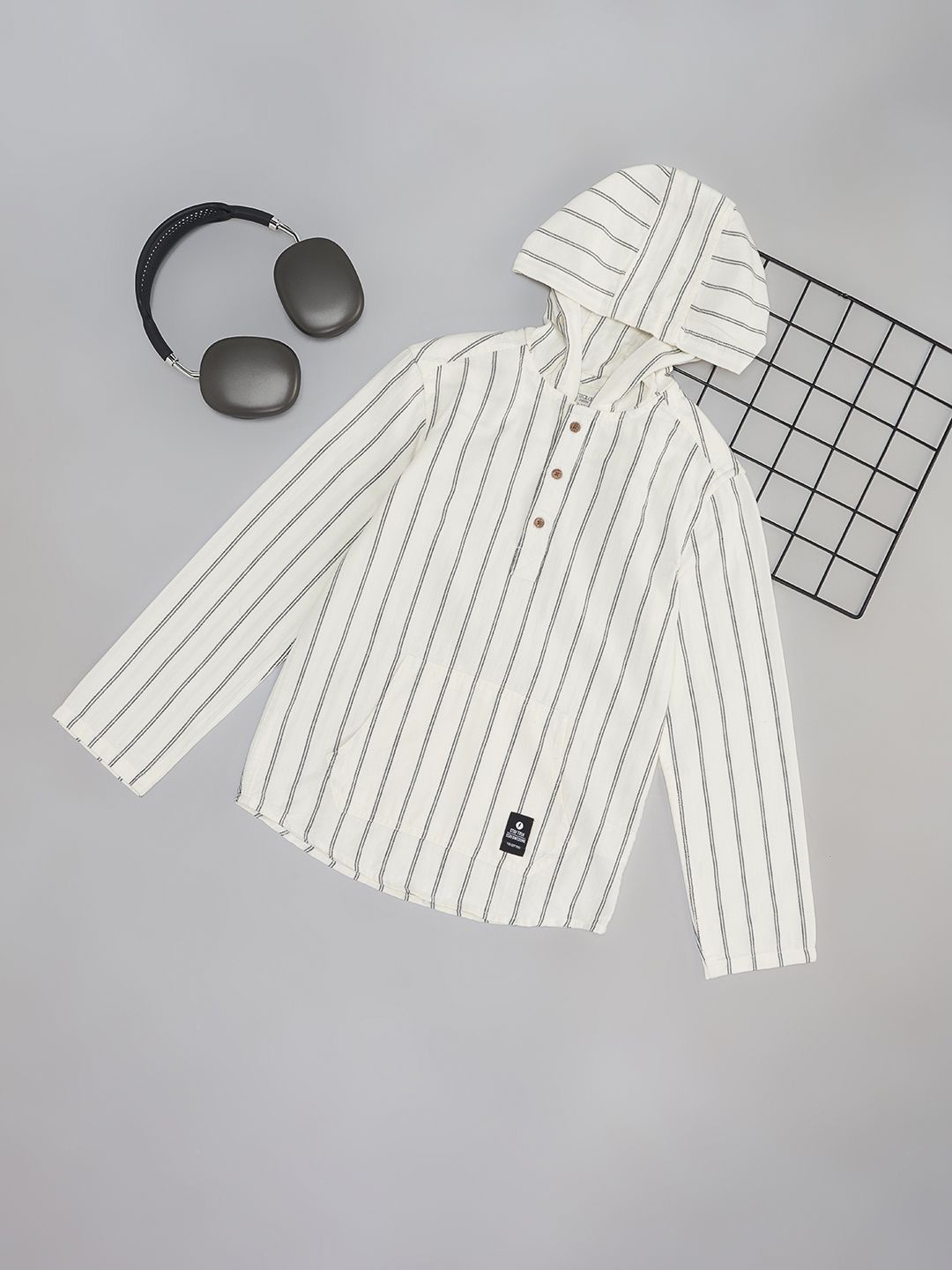 

Pantaloons Junior Boys Hooded Vertical Striped Cotton Casual Shirt, Off white