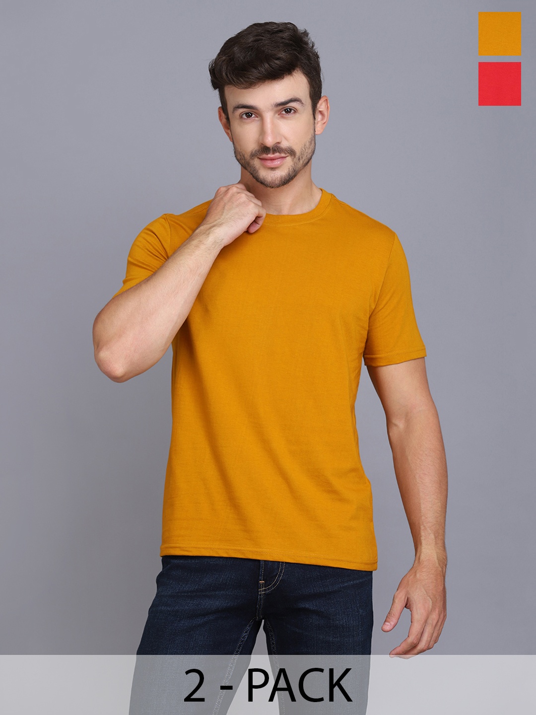 

WOOSTRO Men Pack Of 2 Solid Round Neck Cotton Slim Fit T-shirts, Mustard