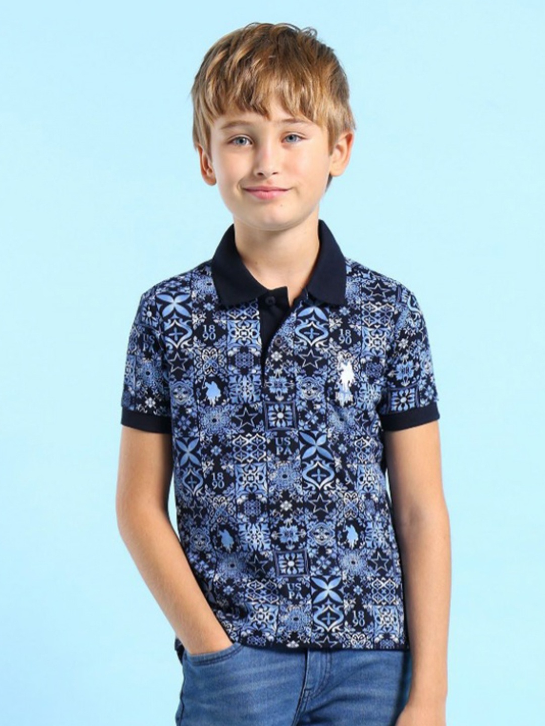 

U.S. Polo Assn. Kids Boys Geometric Printed Polo Collar Cotton T-shirt, Navy blue