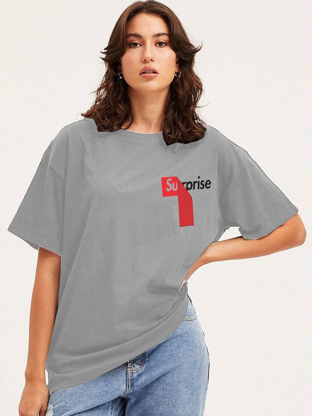 

Moda Rapido Women Typography Printed Round Neck Cotton Oversized T-shirt, Grey