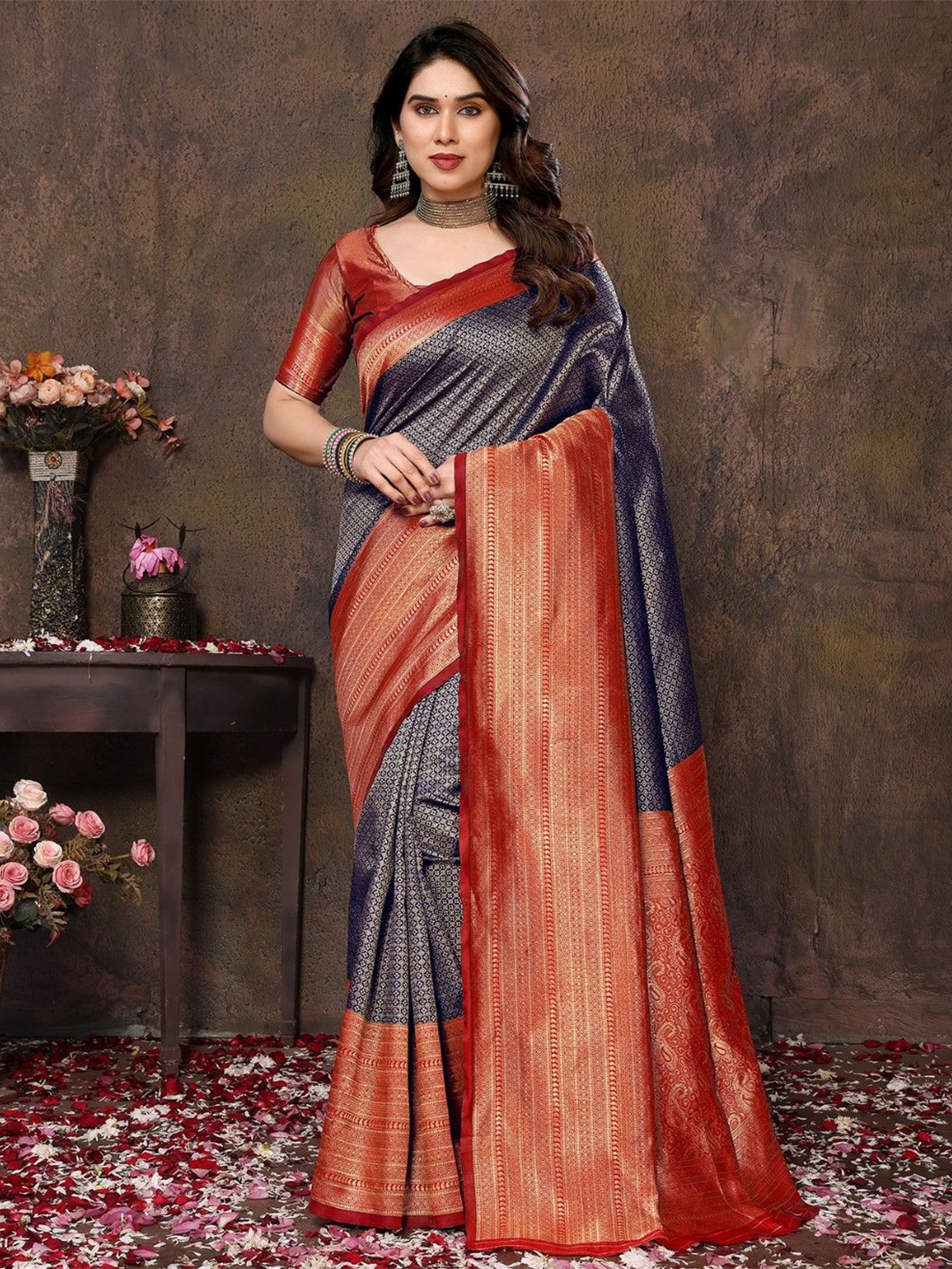 

KALINI Woven Design Zari Banarasi Saree, Navy blue