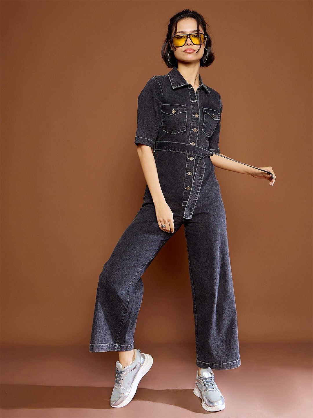 

SASSAFRAS Women Washed Denim Short Sleeve Jumpsuit, Black