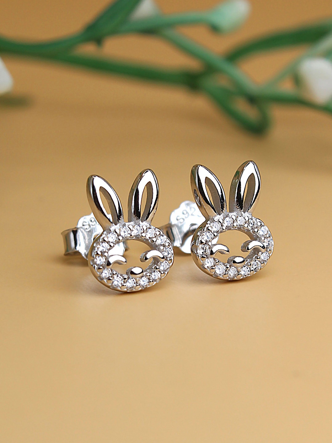 

DEVASHREE 925 Silver Rhodium-Plated Cubic Zirconia Studded Bunny Shaped Studs
