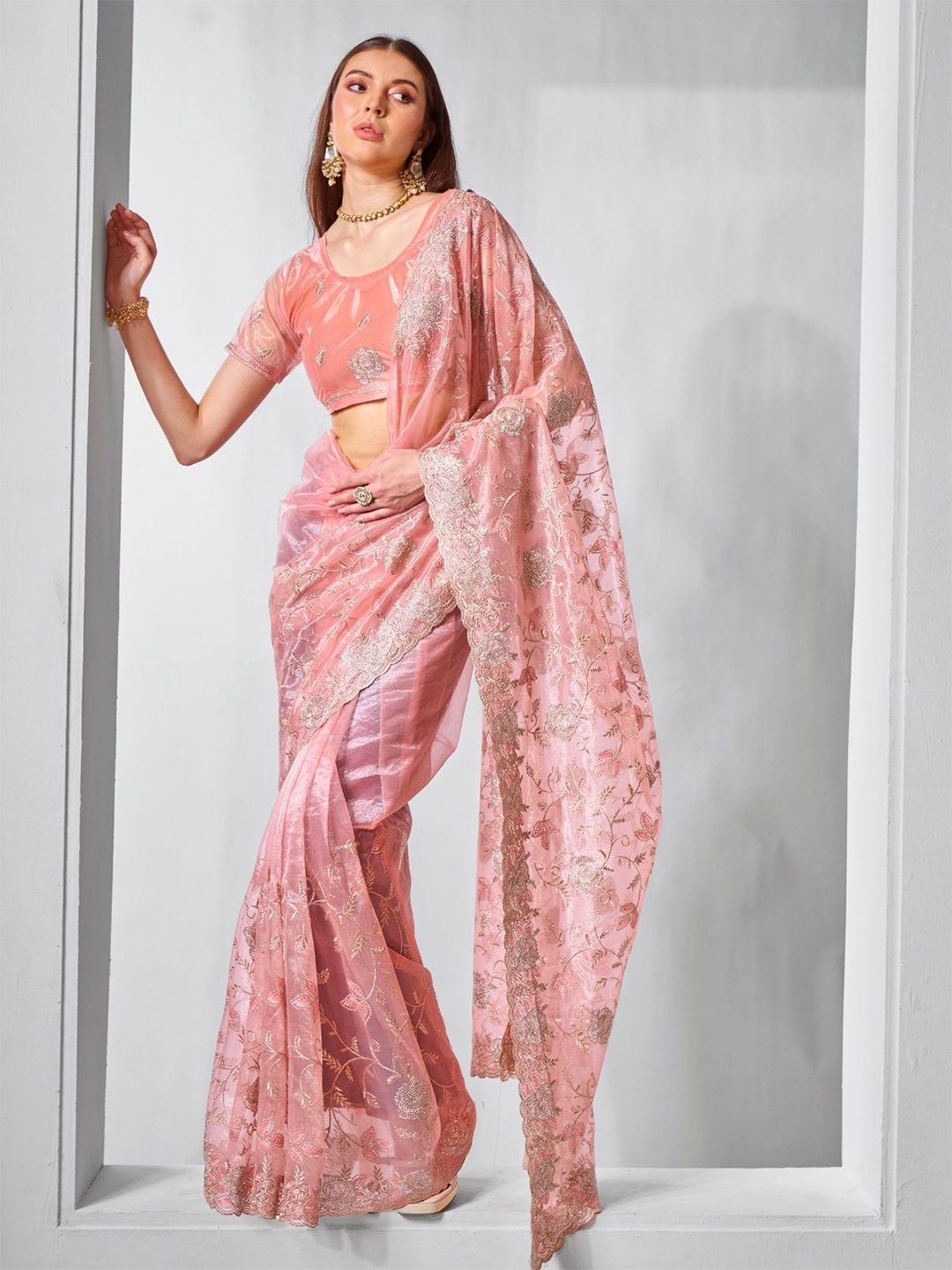 

ODETTE Embellished Beads and Stones Net Saree, Peach