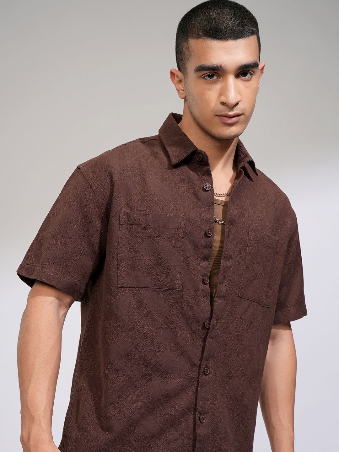 

HIGHLANDER Men Relaxed Fit Spread Collar Textured Cotton Casual Shirt, Brown