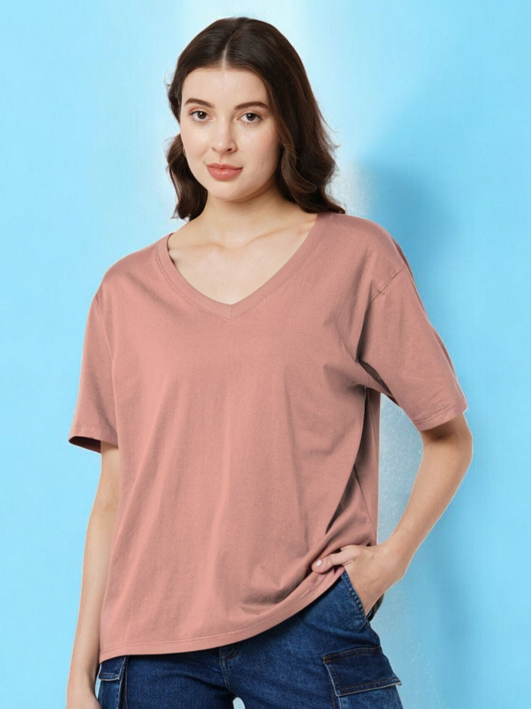 

Mast & Harbour Women Solid V-Neck Cotton Oversized T-shirt, Pink