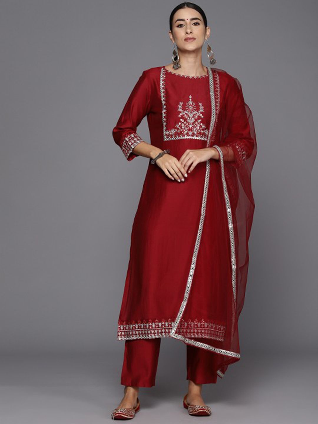 

GUNVANTI FAB Era Yoke Design Mirror Work Straight Kurta With Trousers & Dupatta, Red