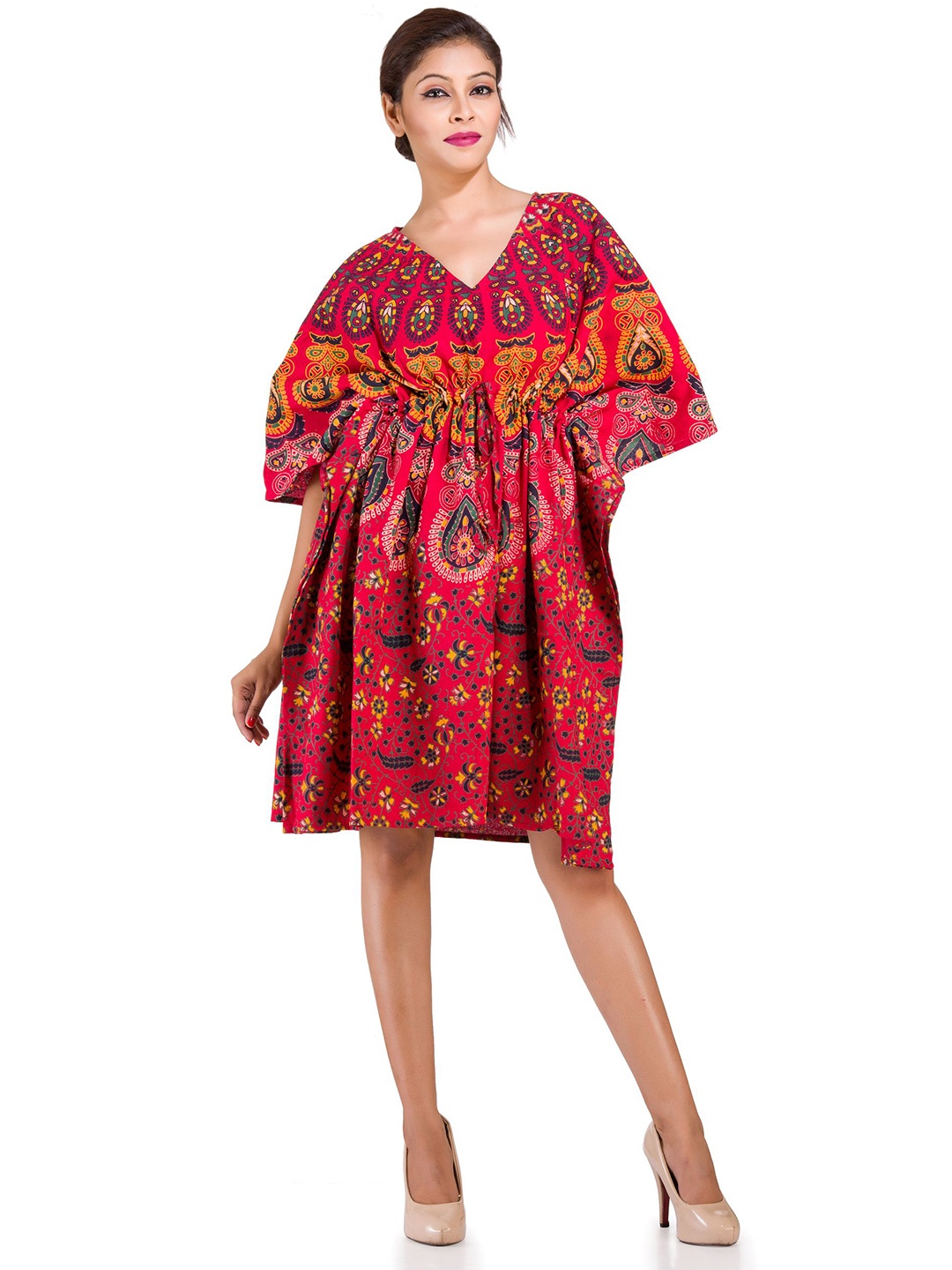 

HANDICRAFT PALACE Mandala Printed Cotton Kimono Sleeves Kaftan Dress, Red