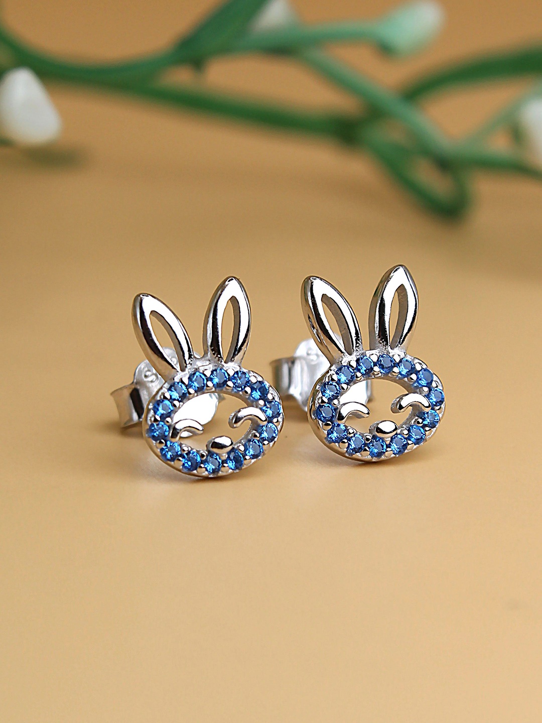 

DEVASHREE 925 Silver Rhodium-Plated Cubic Zirconia Studded Animal Shaped Studs, Blue