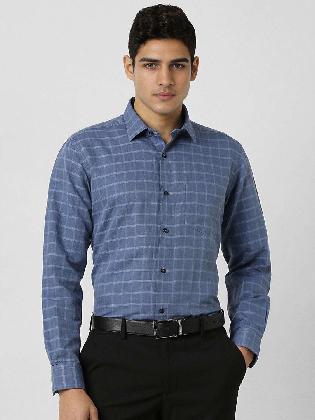 

Van Heusen Men Regular Fit Spread Collar Grid Tattersall Checked Formal Shirt, Blue