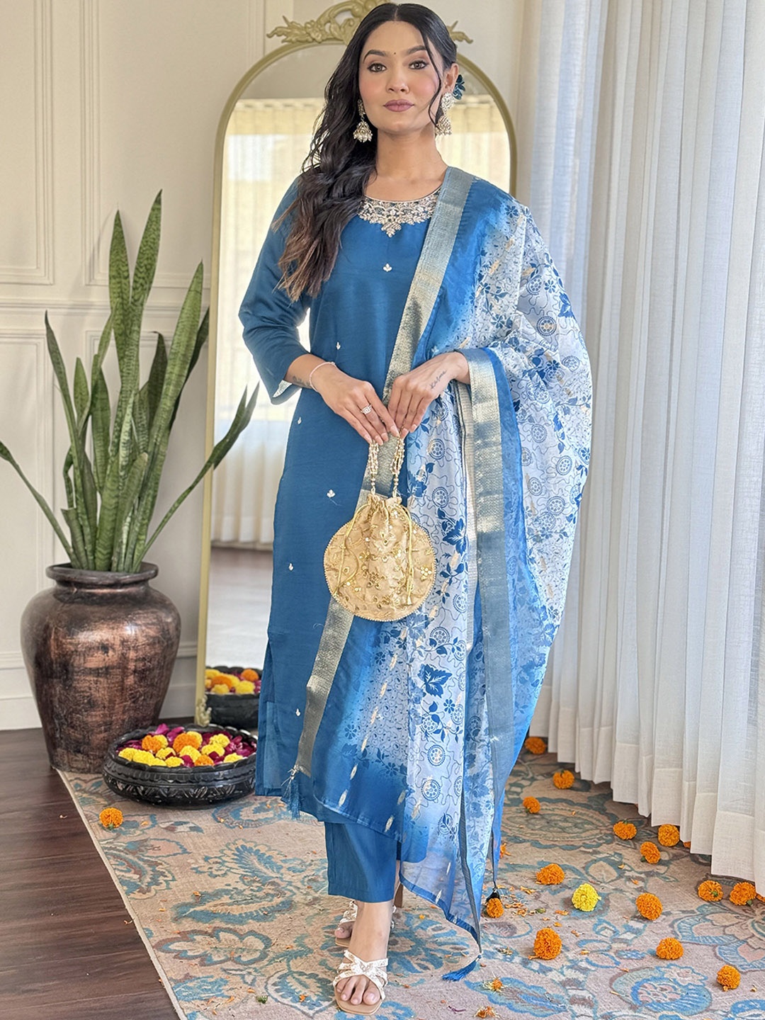 

KALINI Sequined Embroidered Round Neck Straight Kurta With Trousers And Dupatta, Turquoise blue