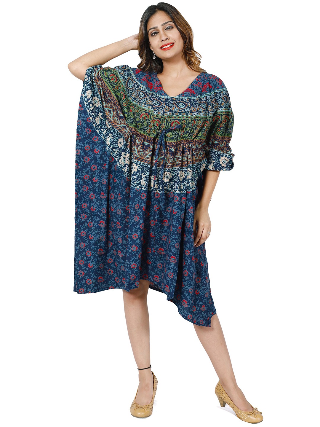 

HANDICRAFT PALACE Mandala Printed Cotton Kimono Sleeves Kaftan Dress, Blue