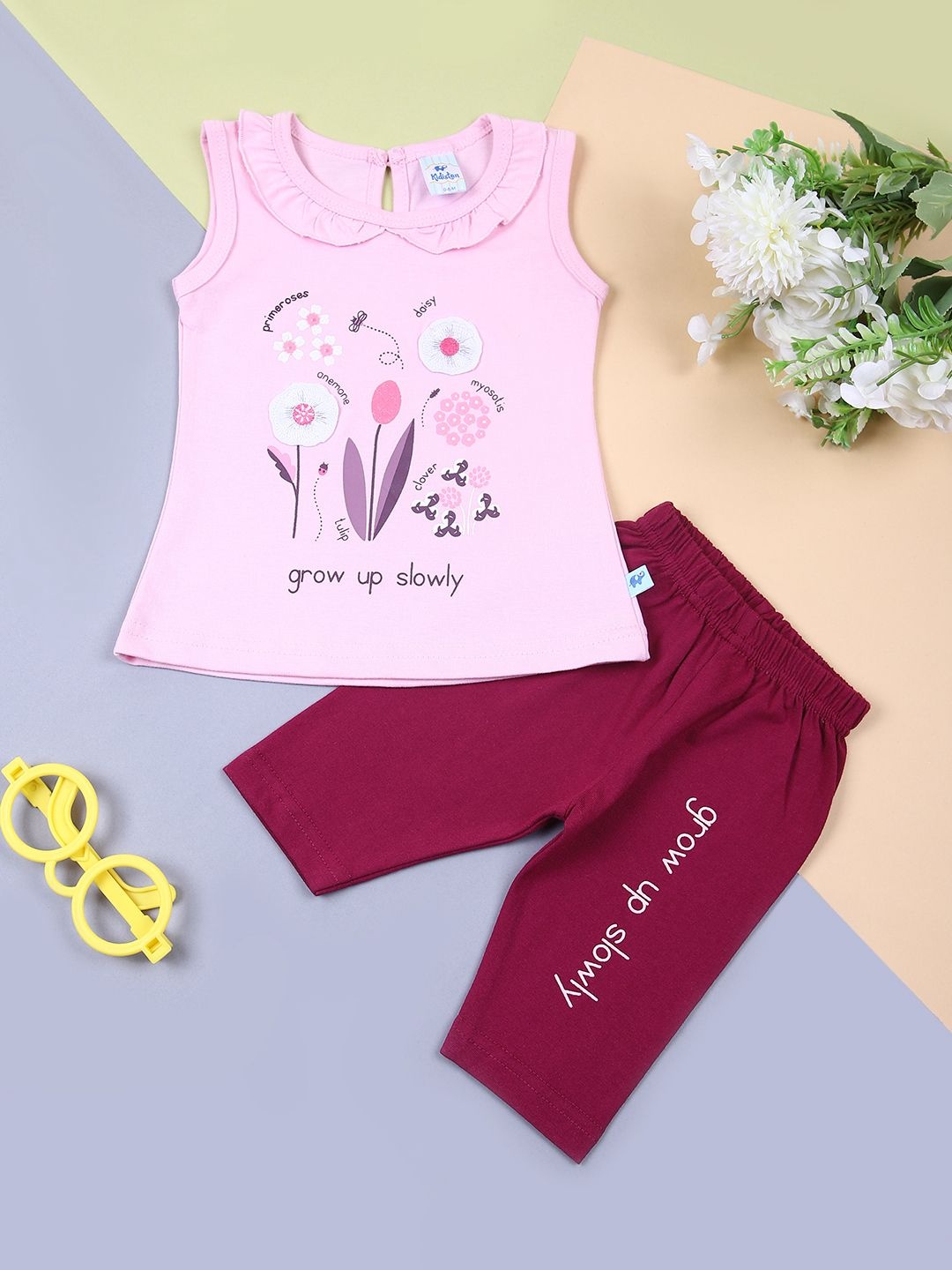 

V-Mart Infant Printed Peter Pan Collar Top With Capris, Pink