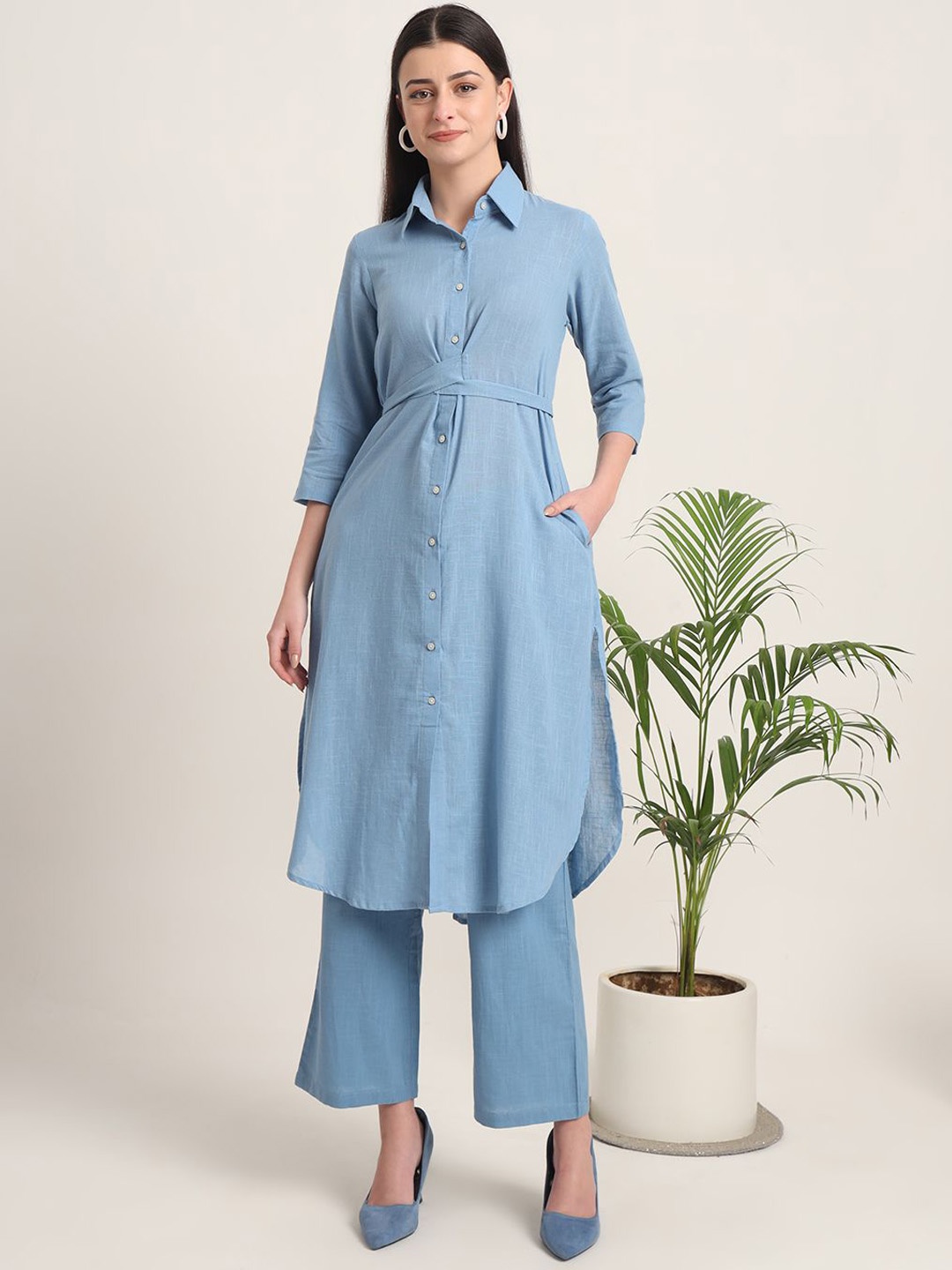 

Thevasa Shirt Collar Pure Cotton Tunic With Trousers, Blue