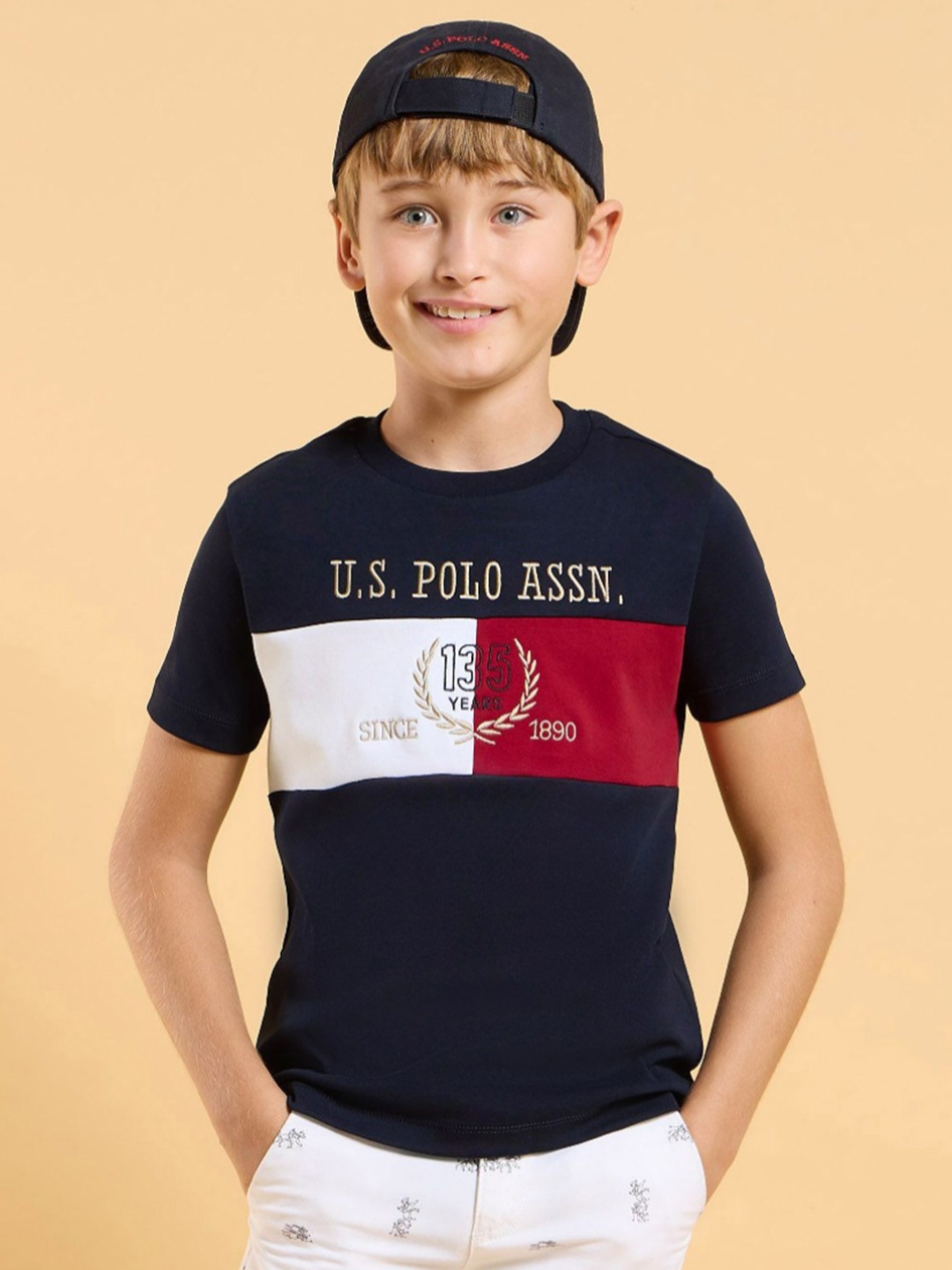 

U.S. Polo Assn. Kids Boys Colourblocked Round Neck Cotton T-shirt, Navy blue