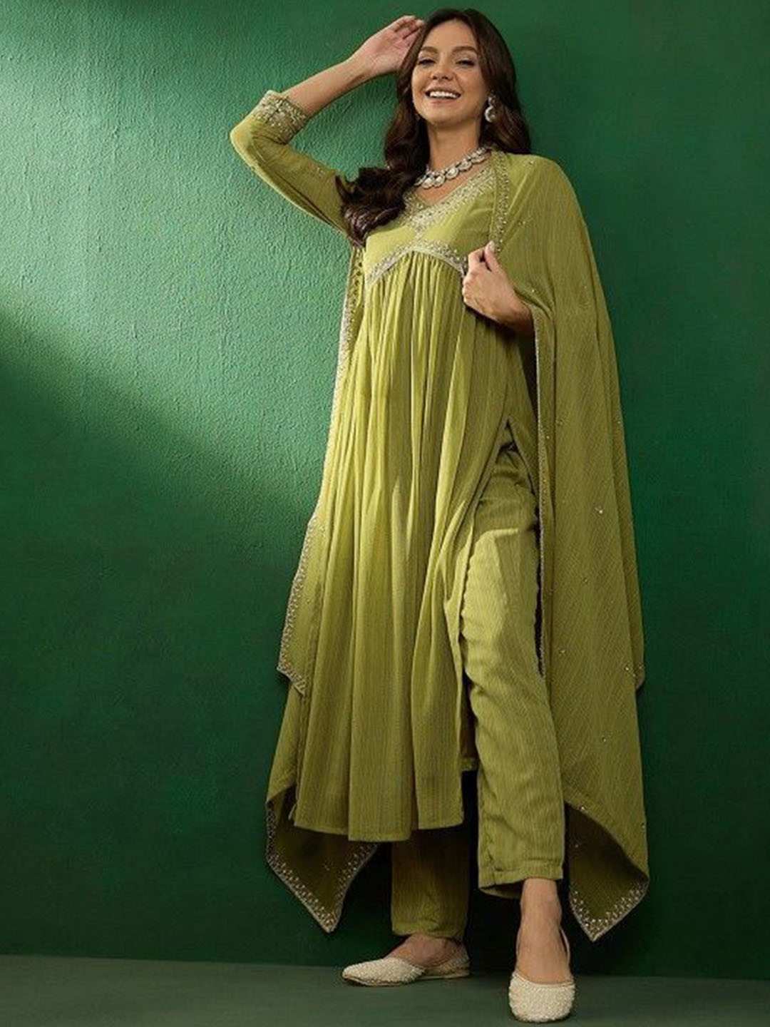 

KALINI Floral Embroidered Empire Straight Kurta with Trousers And Dupatta, Green