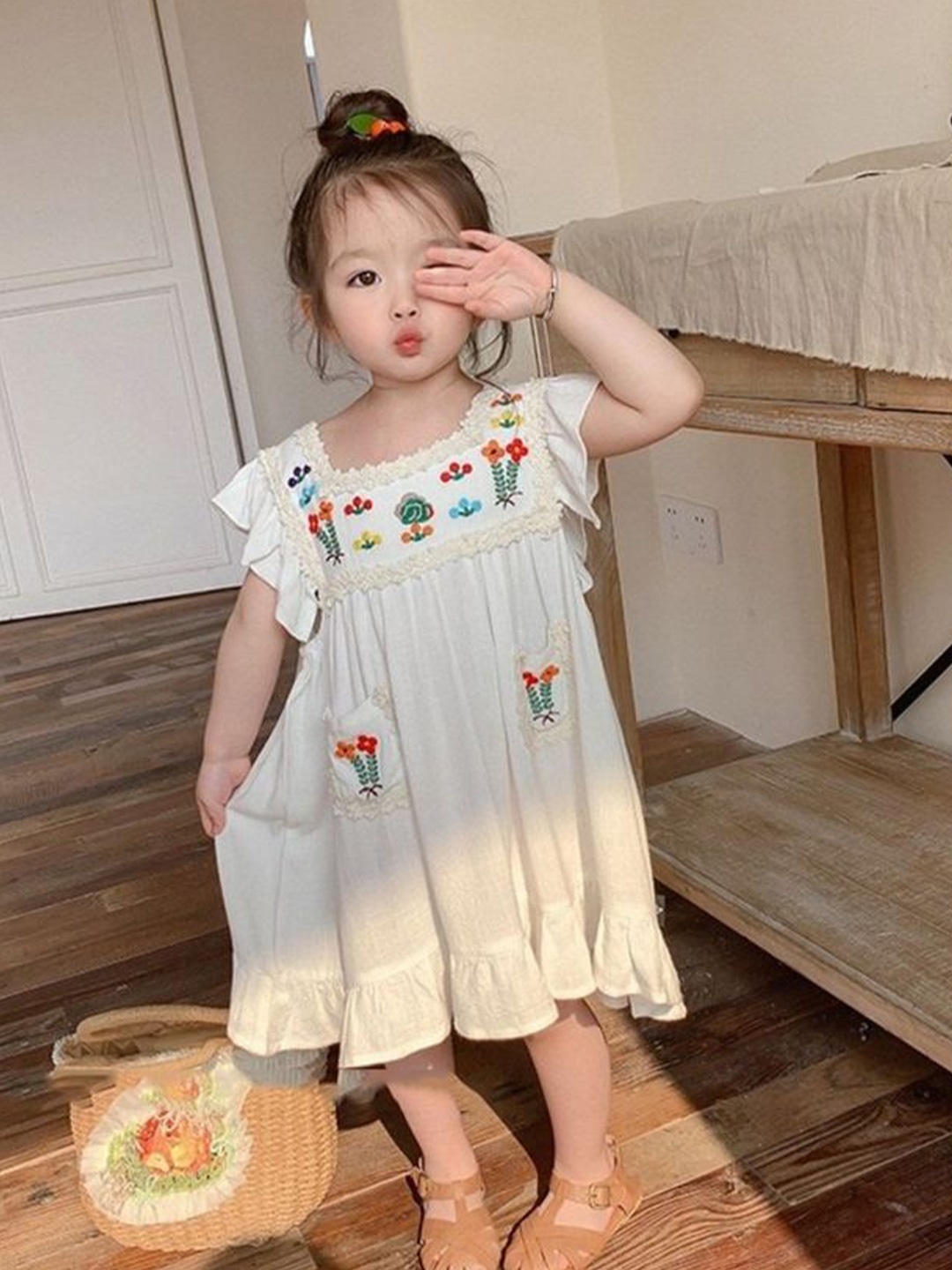 

LULU & SKY Girls Embroidered Flared Sleeves Empire Dress, White