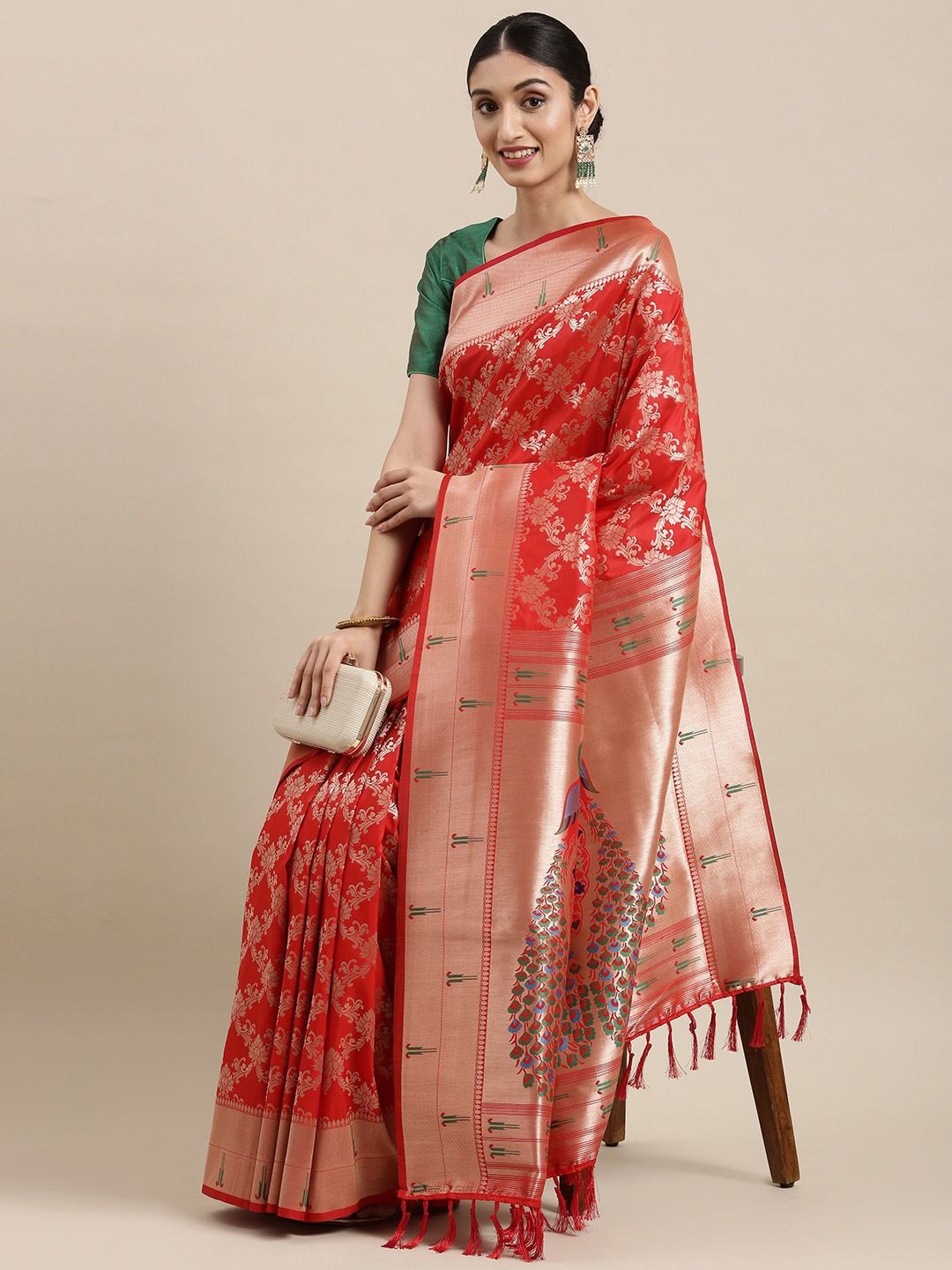 

DIVASTRI Woven Design Zari Paithani Saree, Red