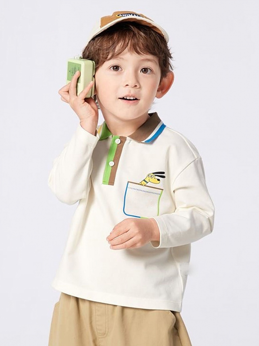 

LULU & SKY Boys Graphic Printed Polo Collar Cotton Oversized T-shirt, Beige