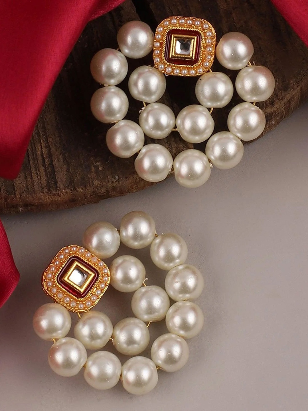 

SHONA'S STYLE Brass-Plated Pearls Beaded Circular Shaped Drop Earrings, Red