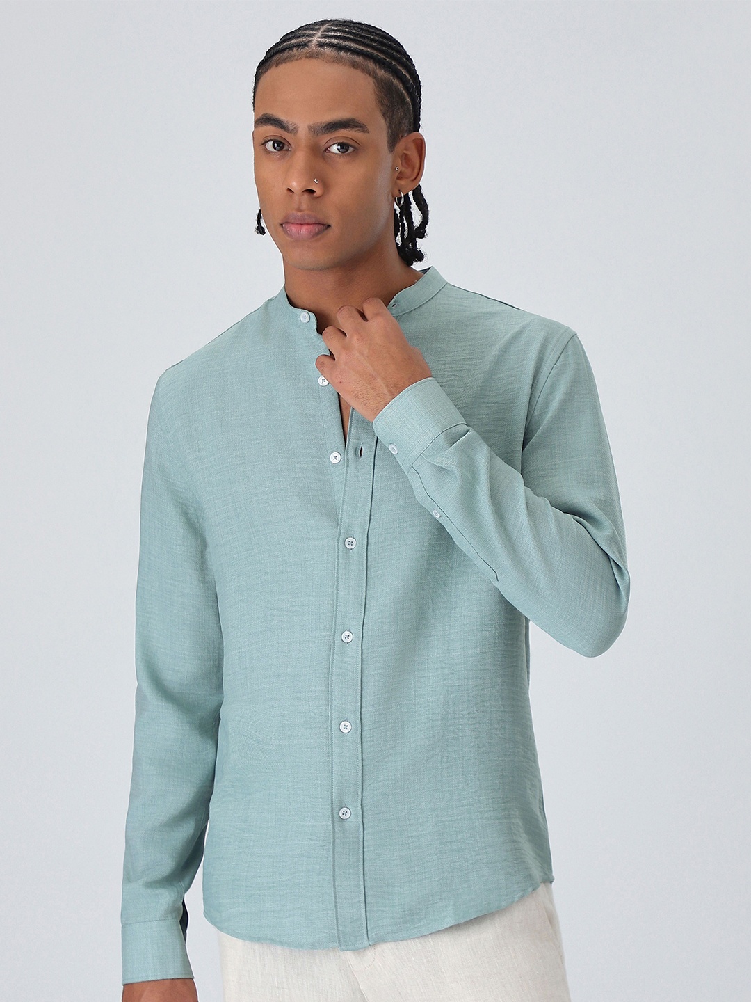 

Banana Club Teal Green Mandarin Collar Shirt