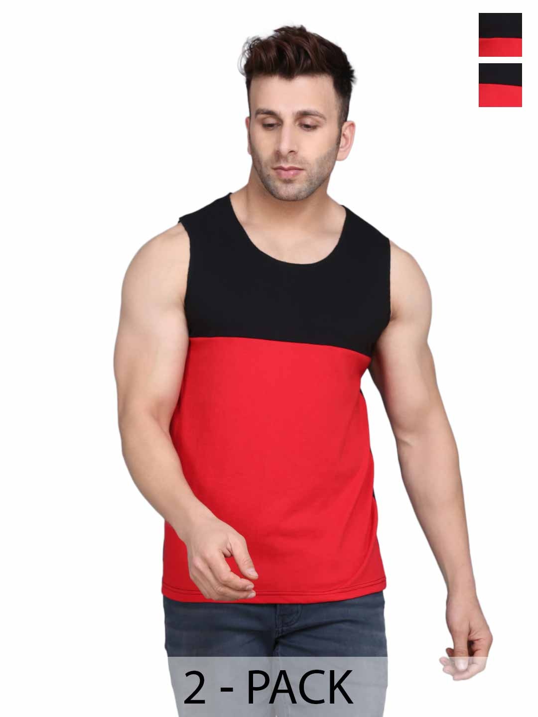 

WOOSTRO Men Pack Of 2 Colourblocked Round Neck Cotton Slim Fit T-shirts, Red