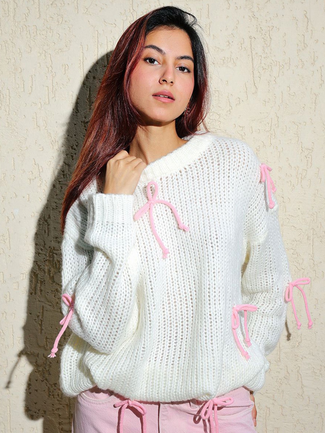 

FREAKINS Women White Oversized Pink Bows Sweater