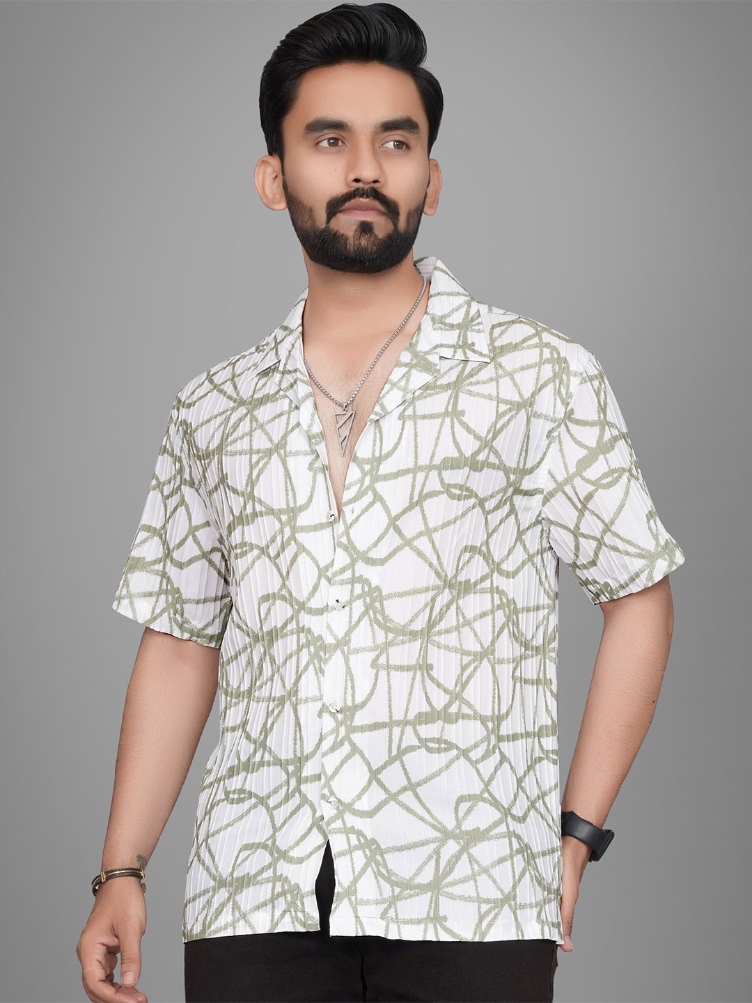 

Metronaut Men Regular Fit Cuban Collar Abstract Printed Casual Shirt, White