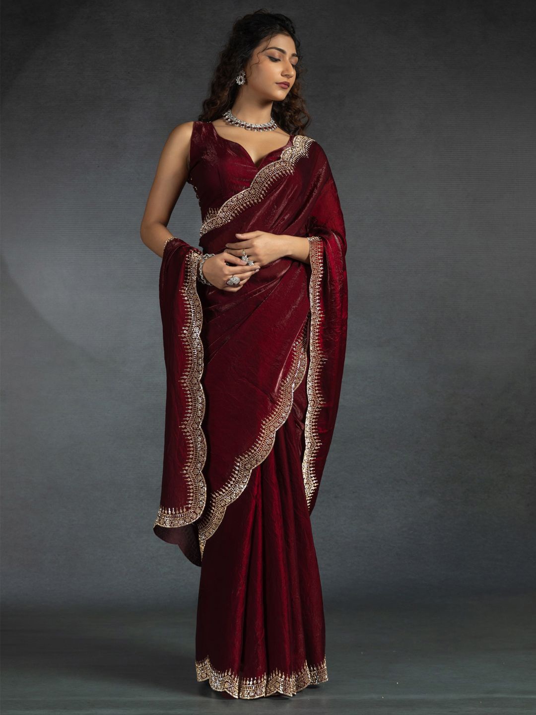 

Saree mall Beads and Stones Satin Sarees, Maroon