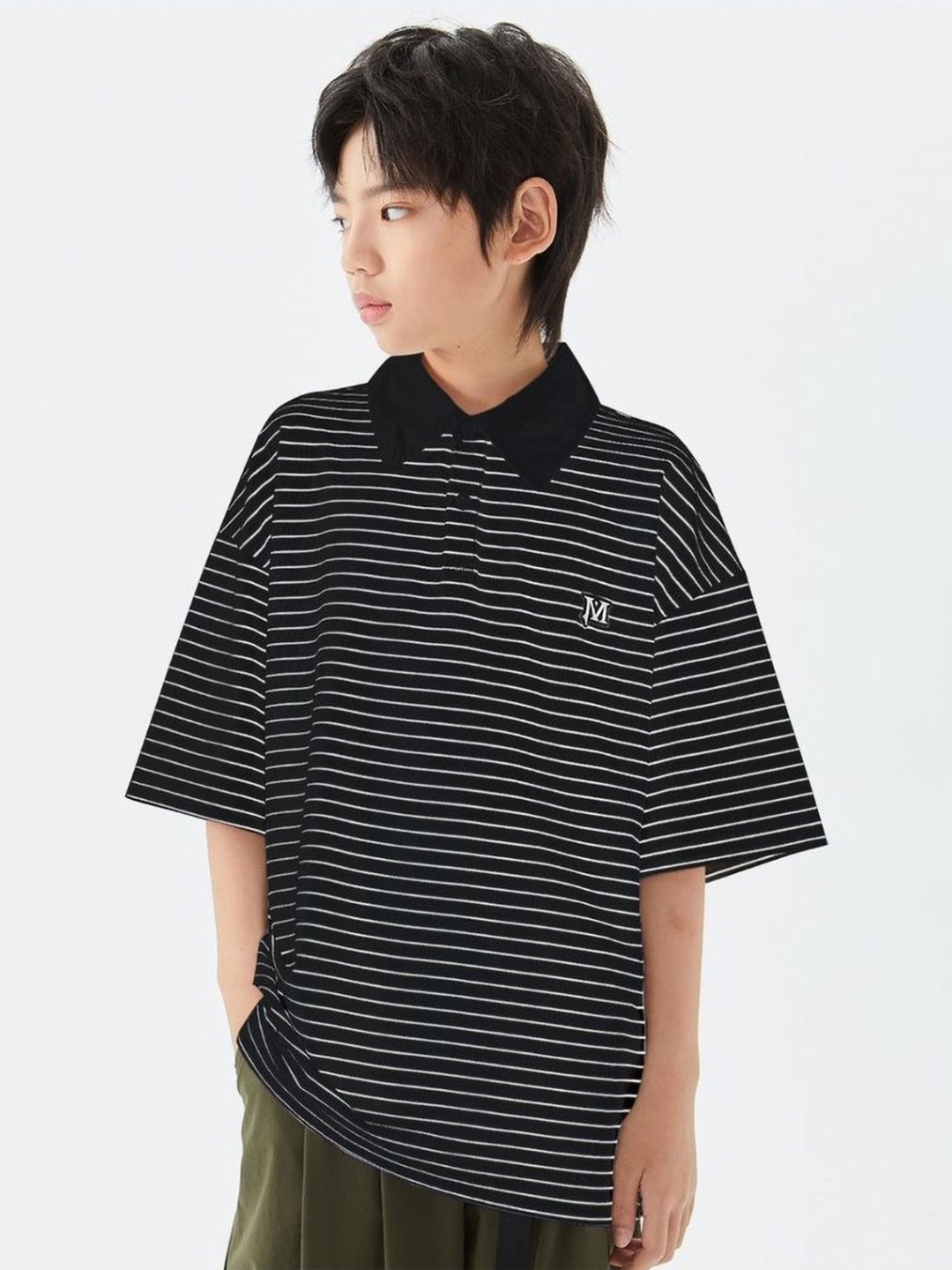 

LULU & SKY Boys Striped Polo Collar Cotton Boxy T-shirt, Black