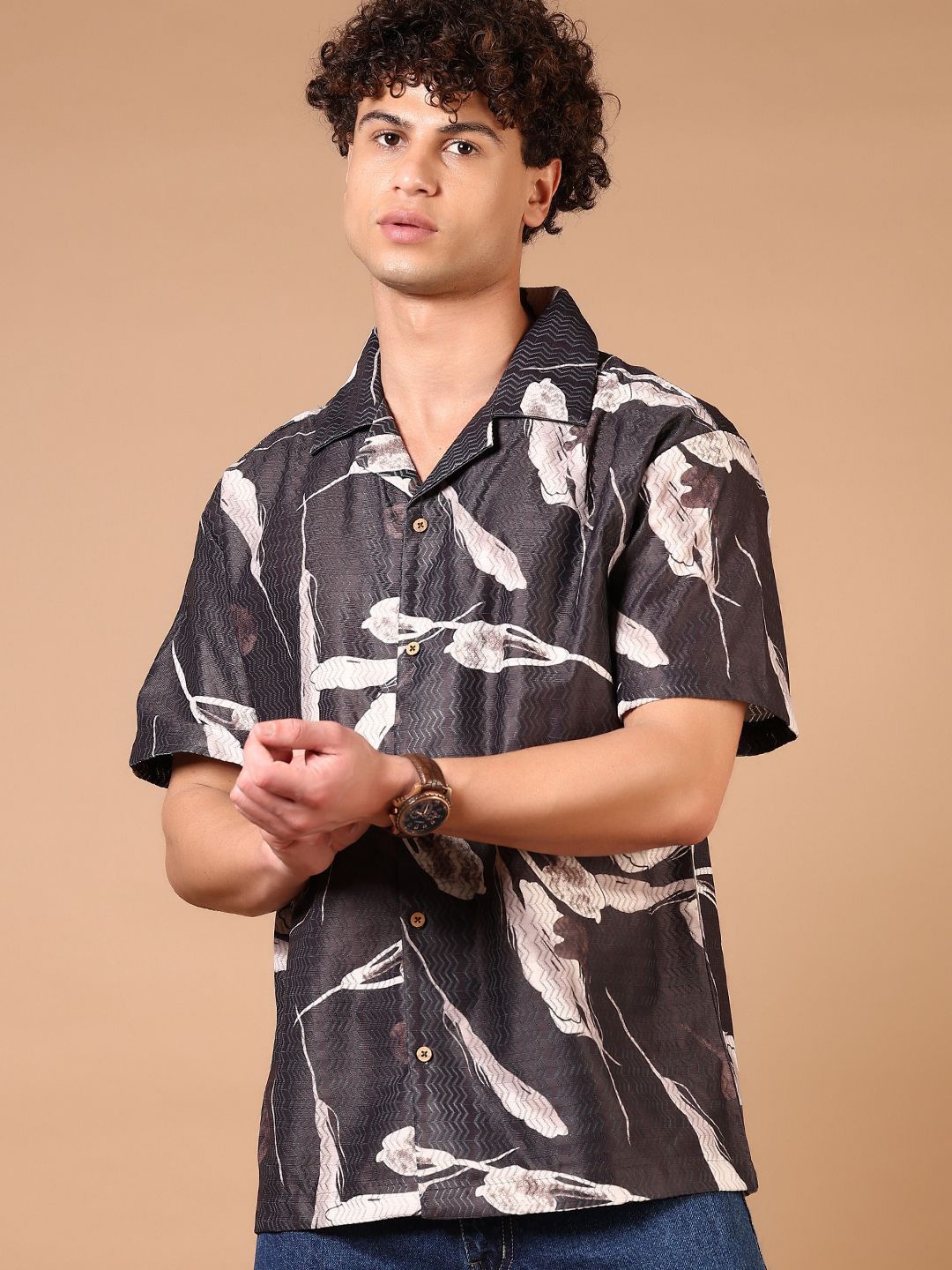 

V-Mart Men Relaxed Fit Cuban Collar Abstract Printed Cotton Casual Shirt, Black