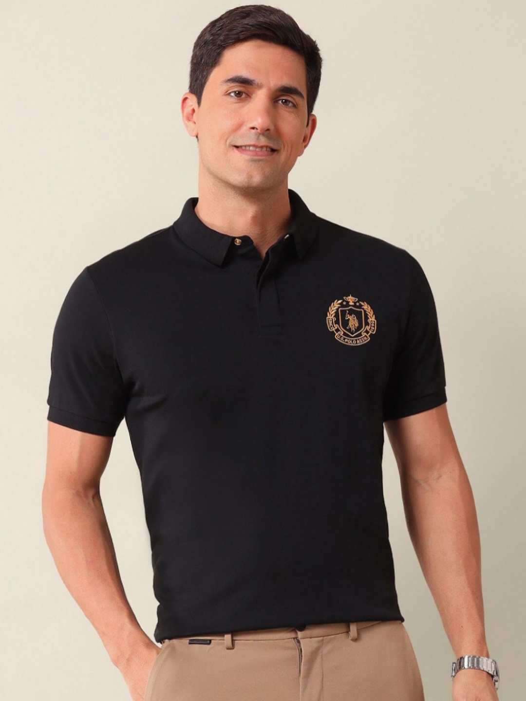 

U.S. Polo Assn. Men Brand Logo Printed Polo Collar Cotton Slim Fit T-shirt, Black