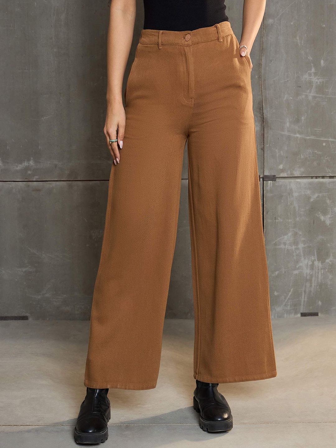 

SASSAFRAS Women Comfort Wide Leg Acid Wash Jeans, Brown