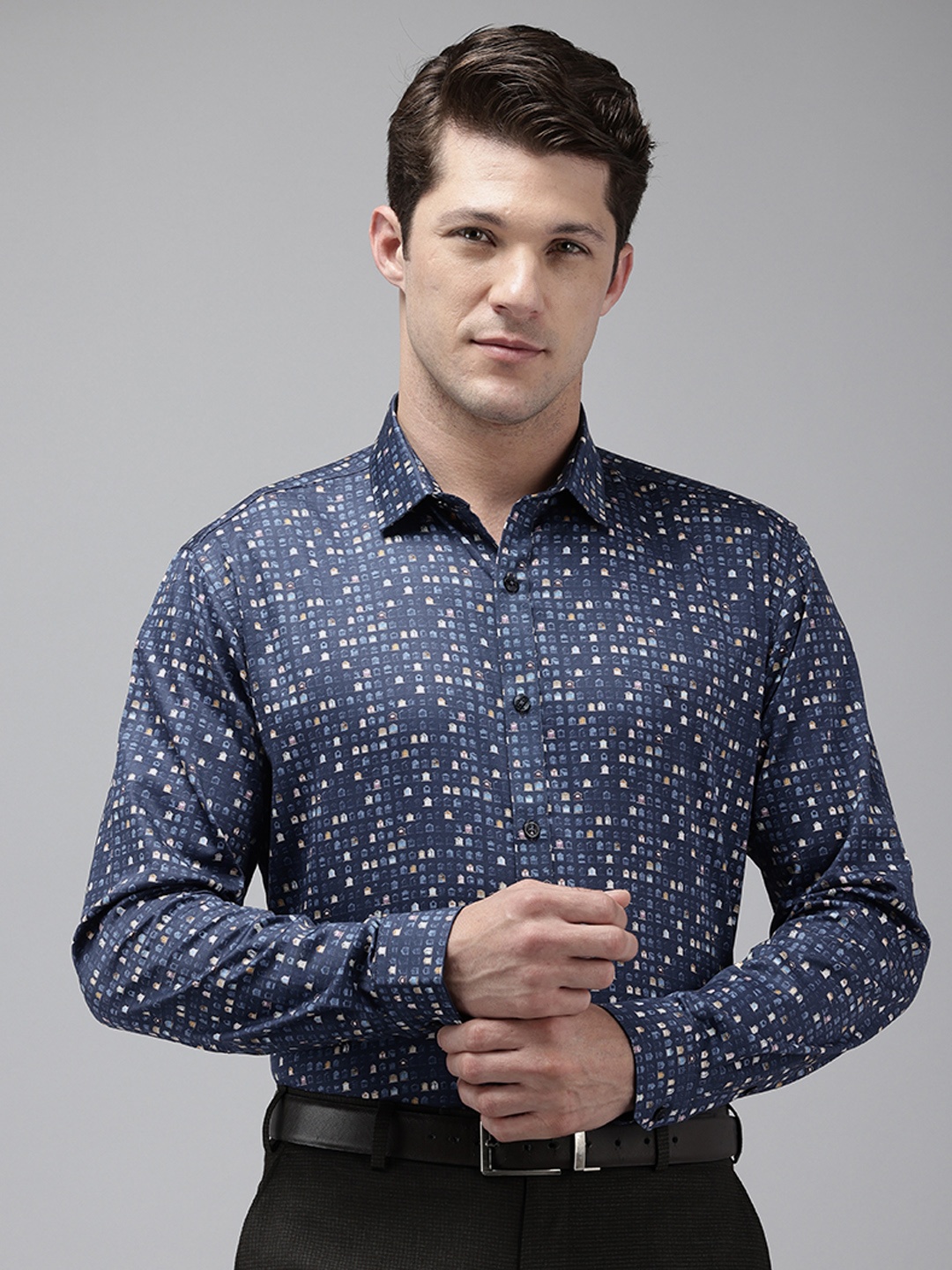 

V Dot Pure Cotton Slim Fit Opaque Printed Formal Shirt, Navy blue