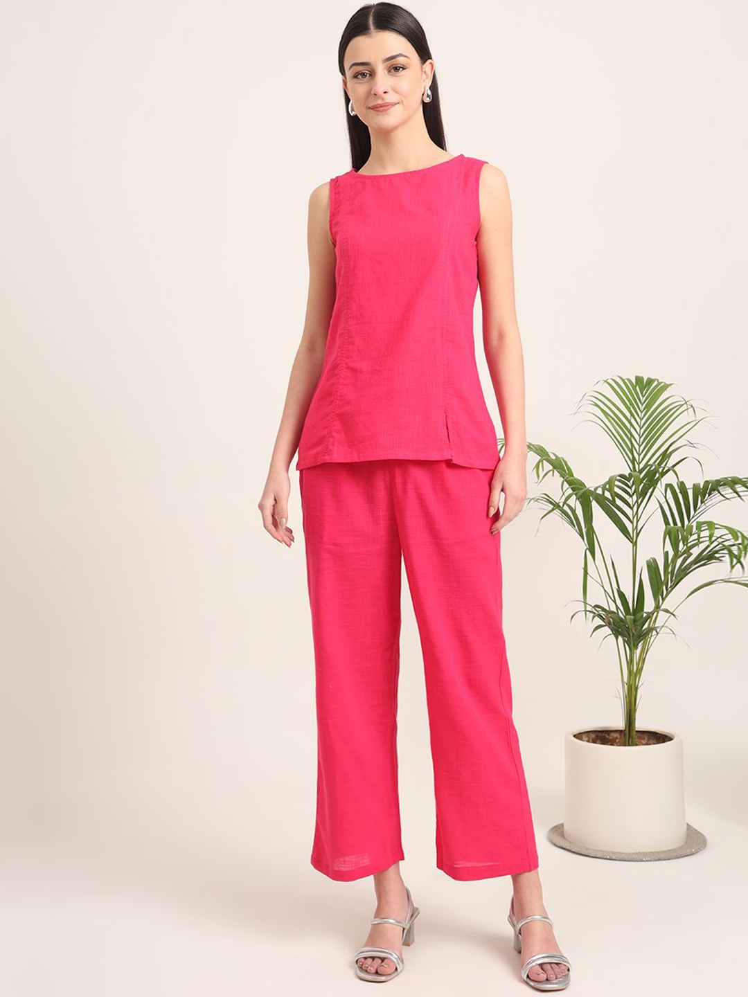 

Thevasa Round Neck Pure Cotton Top & Trouser, Pink