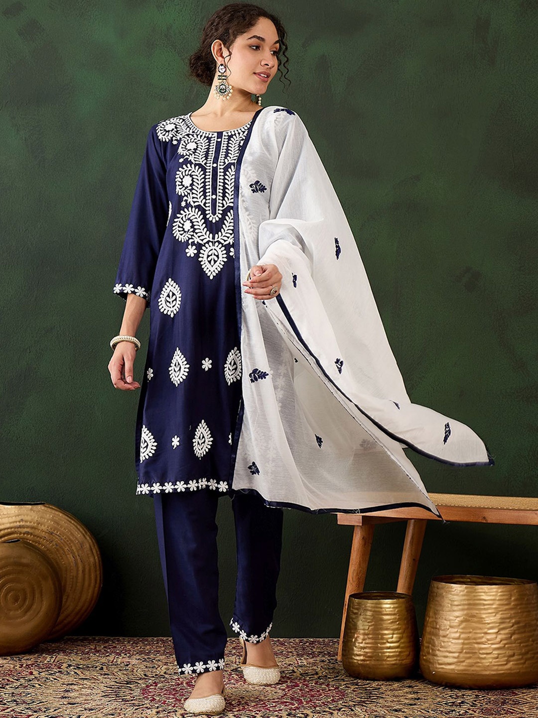 

MANVAA Women Embroidered Regular Thread Work Kurta with Salwar & With Dupatta, Navy blue