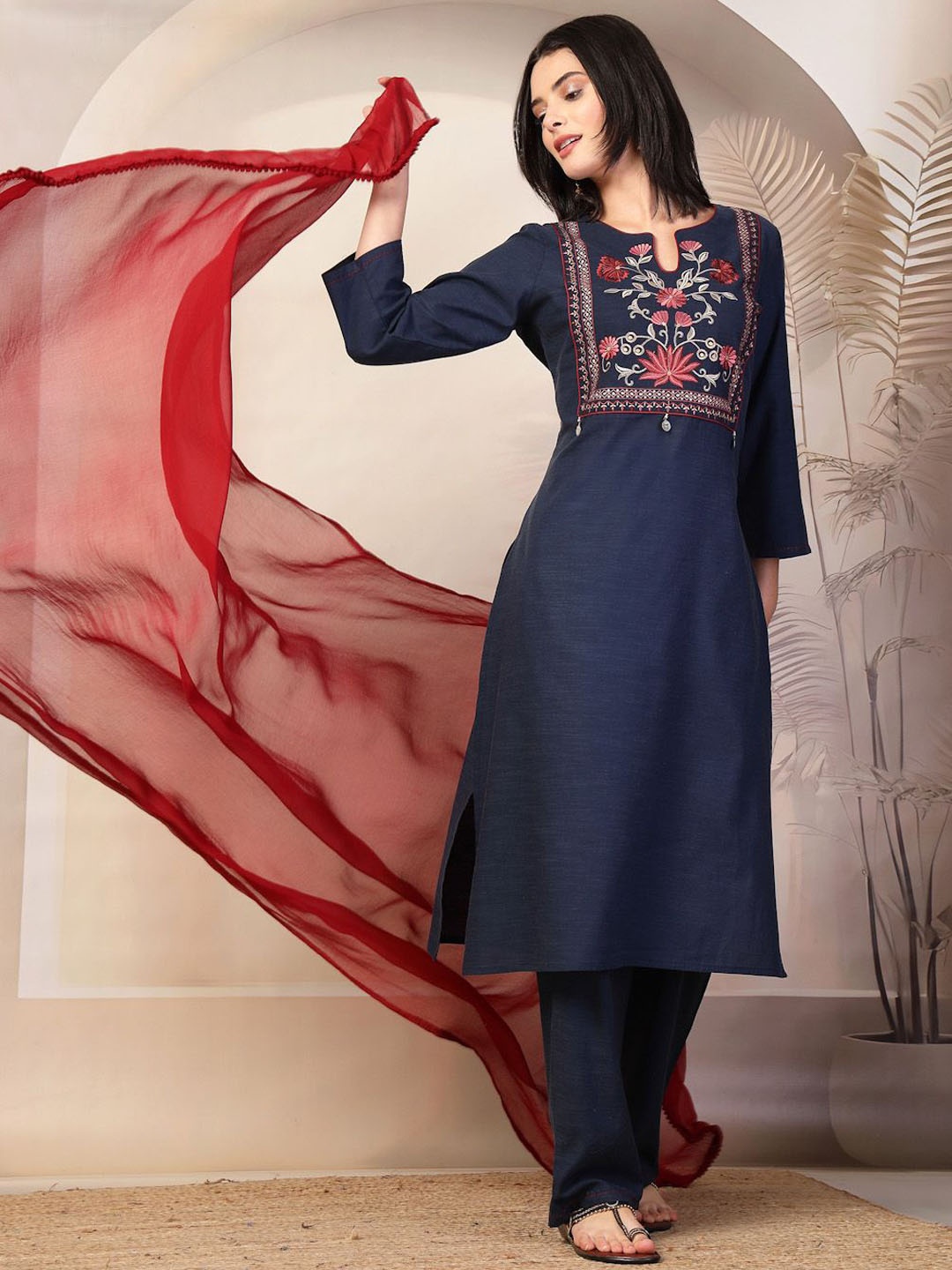 

Nayam By Lakshita Women Floral Embroidered Thread Work Kurta with Palazzos & Dupatta, Navy blue