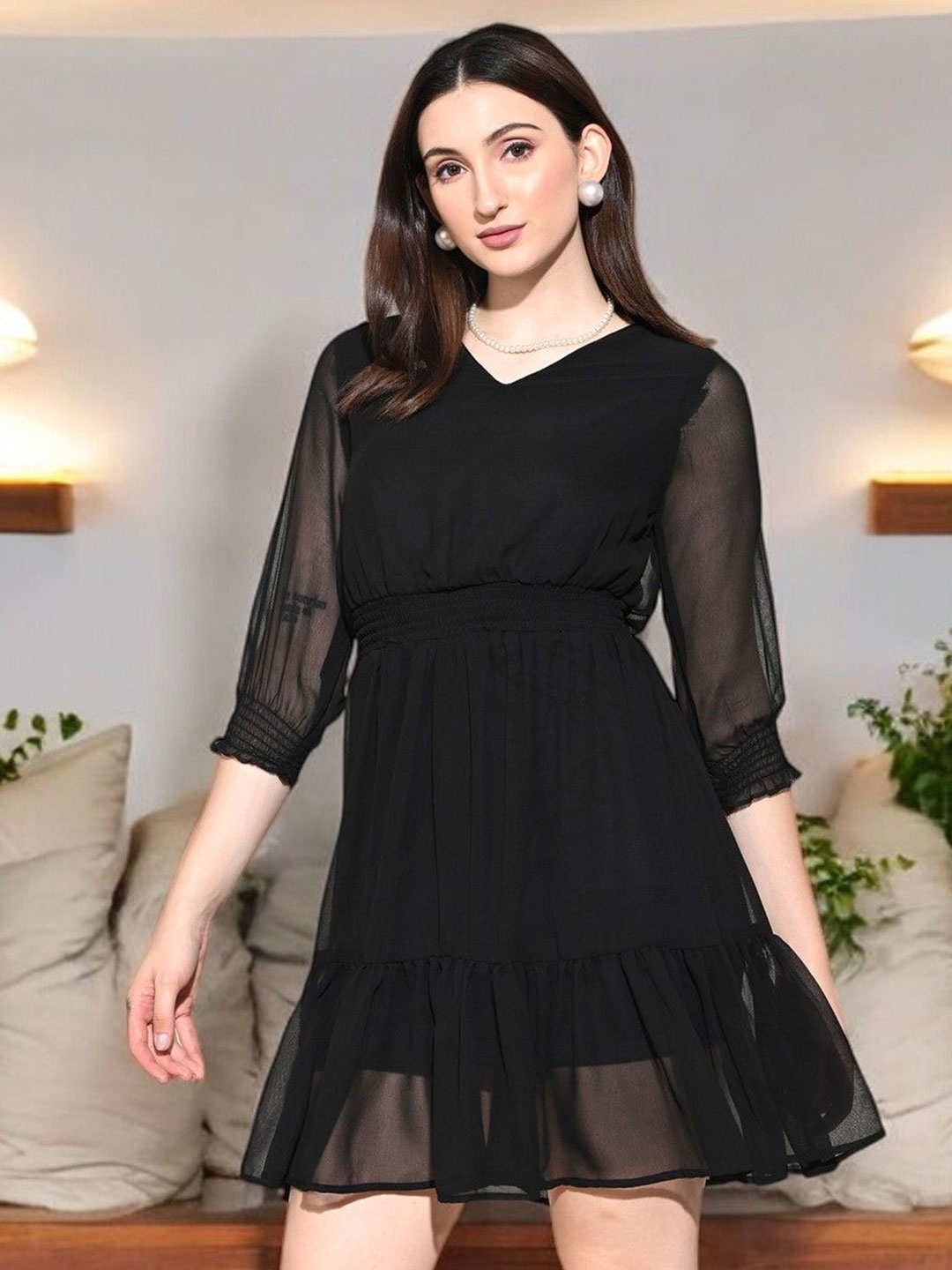 

BAESD Women V Neck Bishop Sleeves A-Line Mini Dress, Black