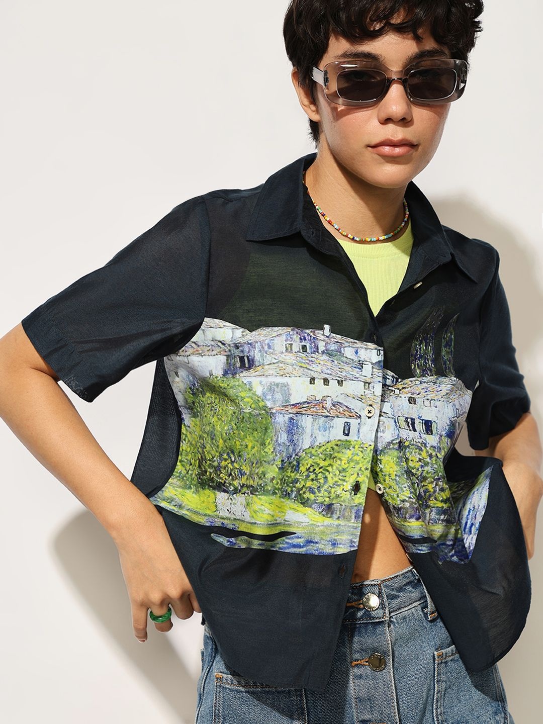 

ONLY Women onlRHINE Boxy Fit Spread Collar Graphic Printed Casual Shirt, Navy blue