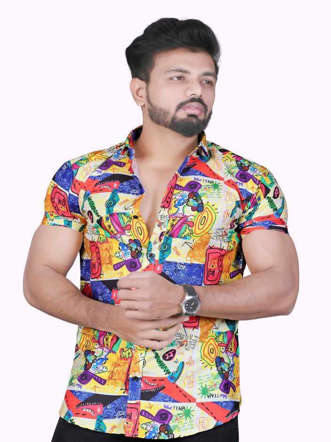 

iCome Men Spread Collar Graphic Printed Cotton Linen Casual Shirt, Yellow