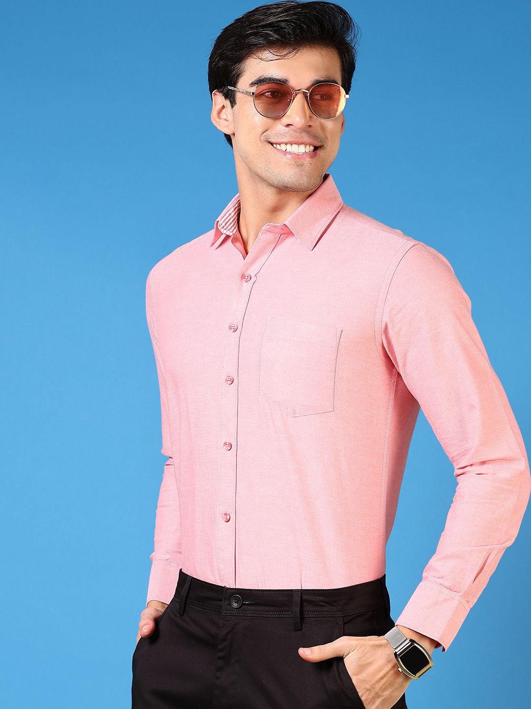 

V-Mart Men Slim Fit Spread Collar Solid Cotton Formal Shirt, Peach